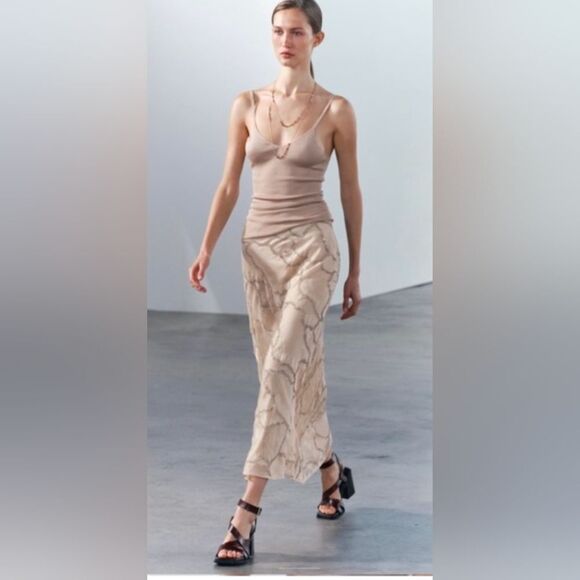 Zara Dresses & Skirts - New ZARA Satin Midi Long Slip Skirt Beige Marble Neutral Nude Sz M Beads Sheer
